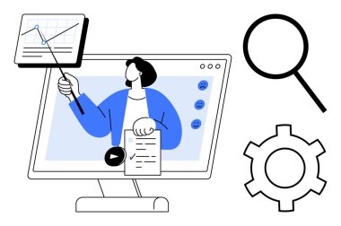 Sunucu, dijital arayüz içinde ekrandaki grafiğe işaret ediyor. Arama büyüteci, vites dahil. İş, eğitim, uzak çalışma, webinarlar, analitik, basit pazarlama için ideal