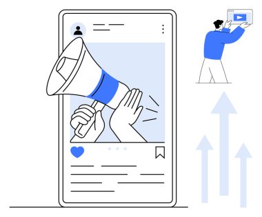 Akıllı telefonun içindeki megafon, sosyal medya bağlantısını ve çevrimiçi içerik paylaşımını gösteriyor. Dijital pazarlama, reklam, iletişim, sosyal ilişki, markalaşma, izleyici artışı için ideal