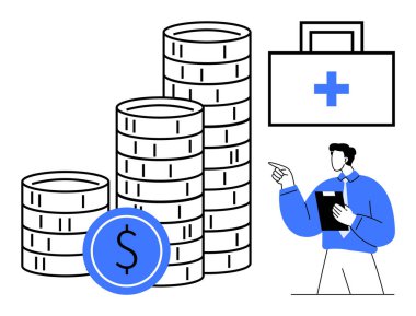 Para yığınları parayı, sağlık hizmetleri için tıbbi çantayı ve strateji belirten pano taşıyan adamı sembolize eder. Bütçe, mali danışmanlık, sağlık yatırımları, tasarruflar, planlama için ideal