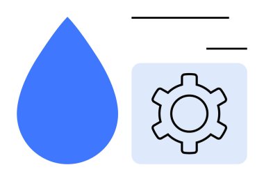 Mavi su damlası, ışık arka planında vites simgesi ile sürdürülebilirlik, teknoloji ve yenilik taşır. Çevre, su yönetimi, teknoloji, verimlilik, sanayi, ekoloji için ideal
