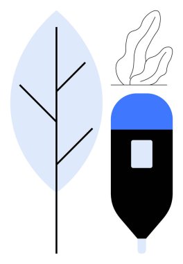 Mavi yaprak, siyah kapsül ve yeşil çizgilerin soyut entegrasyonu sürdürülebilirliği, temiz enerjiyi ve organik teknolojiyi temsil ediyor. Yeşil teknoloji, yenilik ve enerji için ideal yaşam tarzını başlatır