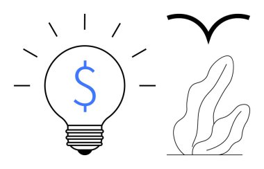 Dolar işaretli ampul fikirleri ya da yeniliği simgeliyor, gelişim için minimum yeşillik, özgürlük ya da fırsat için kuş. İş için ideal, finans, yaratıcılık, doğa, yenilik, özgürlük