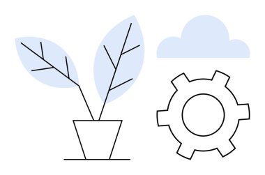 İki stilize yapraklı saksı bitkisi, bulut ve dişli ikonu uyum içinde dizilmiş. Doğa, büyüme, teknoloji, yenilik, sürdürülebilirlik, minimalizm ve basit bir iniş sayfası için ideal