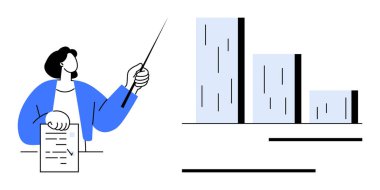 Elinde belgeyi tutarken çizelgesini düşüren sivri uçlu bir kadın. İş analizi, veri eğilimleri, raporlama, eğitim, takım çalışması, performans ve strateji iletişimi için ideal. Düz basit