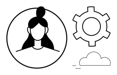 Dişli sembolü ve bulutun yanında daire içinde bir kadın avatarı. Profil, ayar, teknoloji, bulut hesaplama, ağ oluşturma, kullanıcı etkileşimi, basit iniş sayfası için ideal