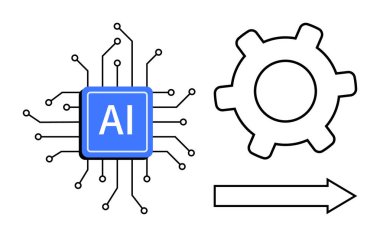 Otomasyon, yenilik ve teknolojik gelişmeyi temsil eden bir dişli ve okun yanında bağlı çizgiler bulunan yapay zeka mikroçipi. Yapay zeka sistemleri, otomasyon, teknoloji, yenilik, iş akışı için ideal
