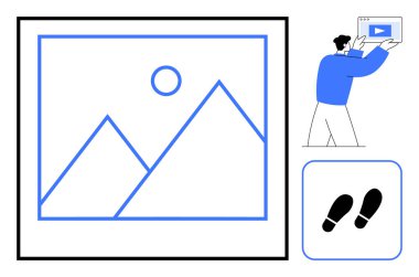 Video oynatıcı arayüzü tutan adam, dağ zirveleri, güneş ve ayak izi ikonu olan minimalist manzara resimlerinin yanında. Öğretim, navigasyon, yaratıcılık, arayüz, kullanıcı yolculuğu, kılavuz için ideal