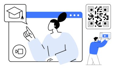 Bir videoda mezuniyet şapkası simgesini, soru cevap kodunu ve elinde video penceresi olan birini gösteren bir kadın. Eğitim, e-öğrenme, teknoloji, webinarlar, yenilik, uzaktan iniş için ideal
