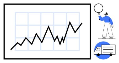 Şebekede yükselen çizgiler, daire tutan bir kişi ve bir dağıtım kamyonu simgesi. Ticaret, lojistik, büyüme ölçümleri, başarı, analitik, basit iniş sayfası için ideal