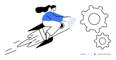 Roketli kadın, vites dişlilerinin yanında ivmeyi ve yeniliği simgeliyor. İlerleme, büyüme, teknoloji, yaratıcılık, başlangıç, takım çalışması, liderlik, basit iniş sayfası için ideal