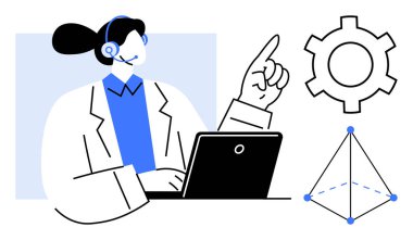 Dişli ikonu ve geometrik figür yanında dizüstü bilgisayar kullanırken kulaklık takan müşteri destek ajanı. Müşteri hizmetleri, bilişim eğitimi, teknik destek, takım çalışması, uzaktan çalışma, otomasyon için ideal