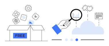 Bedava aletlerle dolu bir kutu, büyüteç analiz eden grafikler, bulut depolama, verimlilik simgeleri. Teknoloji, serbest çalışma, girişim, e-ticaret, SaaS veri yönetimi basit iniş sayfası için ideal