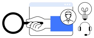 Tarayıcı üzerinde büyüteçle müşteri, fikir ampulü, kulaklık ikonu aranıyor. Araştırma için ideal, müşteri desteği, problem çözme, yenilik, kullanıcı kişilikleri, basit sorular
