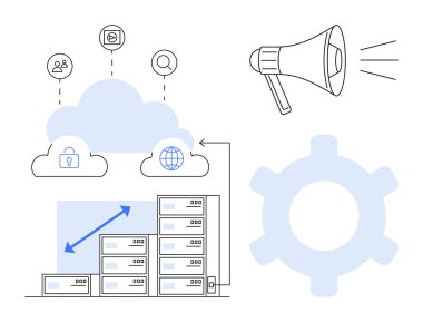 Güvenlik, kullanıcı simgeleri olan bulutlar, büyüyen veri sunucularının üzerinde arama yapın. Mavi oklar ölçeklenmeyi gösteriyor. Dijital pazarlama ve otomasyon için hoparlör ve ekipman. Bulut teknolojisi ve online strateji için ideal