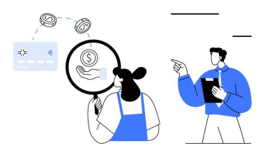 Kadın, kart ve para ikonlarının yakınındaki büyüteçle dijital ödeme akışını inceliyor. Konuşurken pano jestleri yapan bir adam. Finans, analiz, fintech, takım çalışması, işbirliği için ideal
