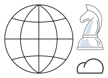 Küresel alan küresel ulaşımı simgeliyor. Strateji için satranç şövalyesi ve teknoloji için bulut. İş için ideal, yenilik, strateji, teknoloji, küreselleşme şebekesi karar verme mekanizması. Düz basit