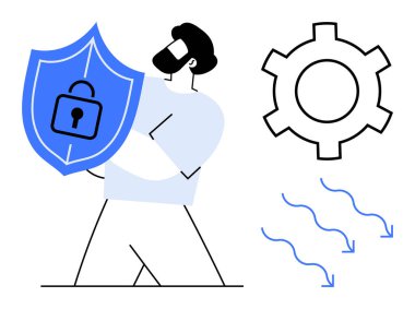 Güvenlik, koruma, güvenlik önlemleri, sistem optimizasyonu, savunma, veri güvenliğini sembolize eden kilit ikonlu, büyük teçhizatlı ve akan oklarla kalkan tutan adam. Güvenlik farkındalığı için ideal