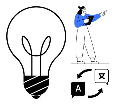 Tablet tutan ve işaret eden bir kadının yanında ampul. Oklu iki konuşma balonu dil çevirisini sembolize eder. Yaratıcılık, iletişim, dil eğitimi, teknoloji ve küresel için ideal