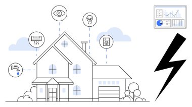 Işık, güvenlik, su kontrolü, havalandırma ve aletler gibi akıllı sistemlere bağlı modern bir ev. Otomasyon için ideal, enerji verimliliği, güvenlik, IoT teknoloji yeniliği basit iniş