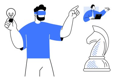 Ampul tutan ve işaret eden VR kulaklık takan kişi, stratejiyi sembolize eden satranç şövalyesi, dizüstü bilgisayardaki iş arkadaşı. Yenilik, strateji, takım çalışması, uzaktan çalışma, teknoloji ve problem çözme için ideal
