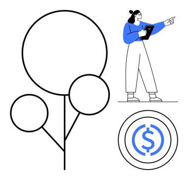 Dosyası kendine güvenen bir kadın. Büyük soyut ağaç ve para birimi büyüme ikonu finansal büyümeyi sembolize ediyor. İş, finans, yatırım, ilerleme, başarı, liderlik için ideal