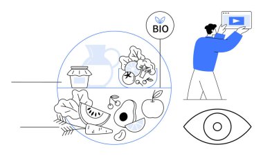 Taze meyve, sebze ve organik etiket biyolojik ürünleri sembolize ediyor, insan dijital içeriği keşfediyor. Sağlık, beslenme, sürdürülebilirlik, eko-yaşam, organik yaşam tarzı eğitimi için idealdir.