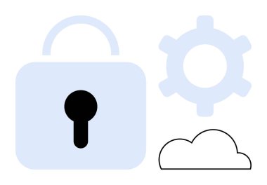 Kilit güvenliği, teçhizat taşımacılığı işlevselliği, bulut çevrimiçi depolamayı ve bilgisayarı simgeler. Siber güvenlik, gizlilik, çevrimiçi araçlar, bilişim sistemleri, bulut tabanlı uygulamalar, veri yönetimi için ideal