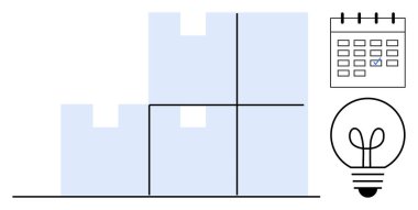 Yığınlanmış kutular verimliliği, takvim çizelgelerini ve fikirleri sembolize eden bir ampul. Üretkenlik, planlama, organizasyon, yenilik, zaman yönetimi, yaratıcılık için ideal