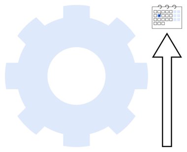Yukarı doğru ok ve takvimi olan dişli simgesi köşede ilerlemeyi vurguluyor, optimizasyonu işliyor, planlama yapıyor. Geliştirme, zaman yönetimi, üretkenlik, strateji, iş akışı, verimlilik için ideal