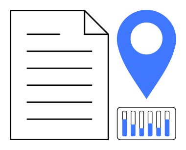Belge simgesi, mavi lokasyon şifresi ve bar grafiği. Analiz, planlama, iş stratejisi, lojistik, veri görselleştirme, konum tabanlı hizmetler için ideal basit iniş sayfası