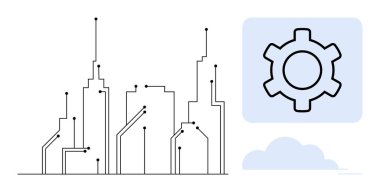 Devre desenli ağ bağlantılı binalar ve teknoloji ve yeniliği simgeleyen vurgulanmış dişli simgesi. Akıllı şehir, teknoloji, yenilik, IOT, mühendislik, gelecek planlama için ideal