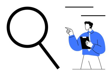 Dosya tutan ve işaret eden bir profesyonelin yanında büyüteç. Araştırma, keşif, problem çözme, strateji, eğitim, analiz, sunum için ideal. Düz basit metafor