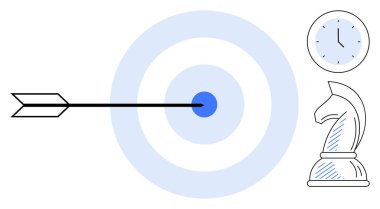 Ok mavi hedef merkezini vuruyor, satranç şövalyesi stratejik düşünceyi simgeliyor ve saat de zaman yönetimini simgeliyor. Hedefler için ideal, odaklanma, doğruluk, verimlilik, verimlilik, planlama başarısı. Düz