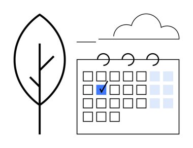 İşaretli tarihli takvim, asgari ağaç silueti ve bulut çizgisi. Zamanlama için ideal, sürdürülebilirlik, çevre, doğa, ekolojik bilinç alışkanlıkları yenilenebilir enerji planlamak için. Düz basit