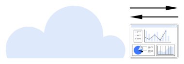 Bulut deposu, veri transferini temsil eden oklar ve grafik ve grafiklerle birlikte analitik gösterge paneli. Bulut hesaplama, veri analizi, ağ, teknoloji, iş stratejisi ve yazılım için ideal