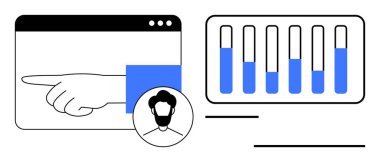 Veri eğilimleri için web arayüzü, kullanıcı avatarı ve bar tablosuna el işaretleme. Analiz, kullanıcı arayüzü, takım çalışması, karar verme, araştırma, veri görselleştirme için ideal basit iniş sayfası