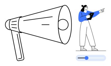 Tabletli bir kadın, iletişimi simgeleyen büyük bir megafonun ve bir medya kaydırıcısının yanına işaret ediyor. Pazarlama, duyurular, liderlik, rehberlik, teknoloji, medya, basit iniş için ideal