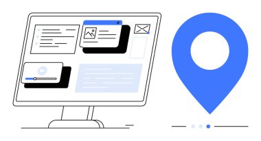 UI ögelerine sahip masaüstü ekranı video oynatıcı, metin kutuları, e- posta, resim gösterici ve belirgin mavi konum işaretleyiciyi onaylar. Web sitesi tasarımı, kullanıcı arayüzü, navigasyon ve konum için ideal