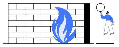 Mavi alevli tuğla duvar dijital güvenlik ihlalini simgeliyor ve tehdidi analiz eden gözlemci. Siber güvenlik, koruma, güvenlik duvarı, veri güvenliği, izleme, dijital tehdit, basit iniş için ideal