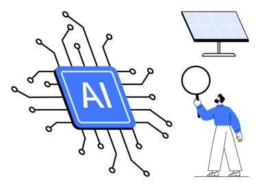Devrelerle çevrili yapay zeka çipi, sürdürülebilir enerji için güneş paneli, büyüteç sembolü tutan kişi. Yapay zeka yeniliği, yeşil enerji, teknik analiz, sürdürülebilirlik, dijital dönüşüm için ideal