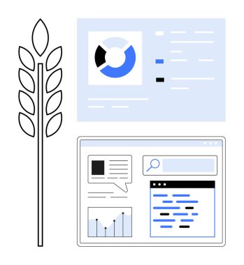 Buğday sapı, veri içeren bilgi tablosu ve web arayüzündeki analiz araçları. Tarım, teknoloji, veri analizi, tarım, sürdürülebilirlik, yenilik için ideal basit iniş sayfası