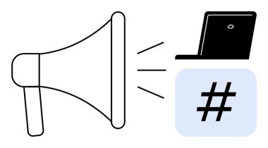 Megafon ses dalgalarını bir dizüstü bilgisayara ve üstveri etiketine yansıtarak dijital iletişimi sembolize ediyor. Pazarlama, sosyal medya, markalaşma, içerik oluşturma, reklamcılık, çevrimiçi kampanyalar için ideal