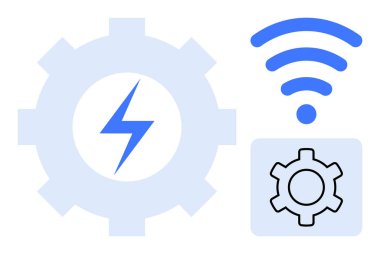 Yıldırımlı mavi dişli, kablosuz dalgalar ve enerji, otomasyon ve kablosuz iletişim öneren ayarlar ikonu. Teknoloji, yenilik, bağlantı ve otomasyon enerjisi için ideal.