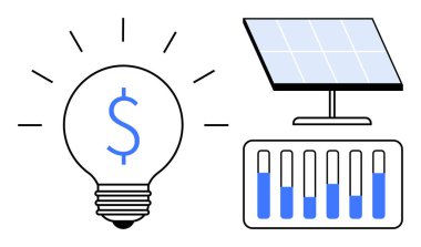 Dolar işaretli ampul, güneş paneli ve enerji tüketim tablosu. Sürdürülebilir uygulamalar, maliyet verimliliği, yenilenebilir enerji, eko-yenilik, güneş projeleri, enerji tasarrufu için ideal basit