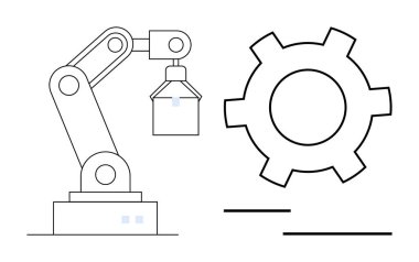 Robot kol modern imalatı, otomasyonu ve mekanik sistemleri sembolize eden aletlerle etkileşime giriyor. Yenilik, teknoloji, robot bilimi, mühendislik, endüstri, otomasyon için ideal basit iniş