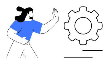 Kadın dişli sembolüyle el kaldırıyor, kontrolü, süreci, takım çalışmasını ya da reddedilmeyi iletiyor. Yönetim, iş akışı, karar verme, yenilik liderlik iletişimi için ideal düz bir metafor