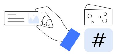 İçinde peynir dilimi ve meta veri sembolü olan metin ve resim olan bir kart tutuyor. Markalaşma, kimlik, yaratıcılık, dijital eğilimler, gıda kavramları, ağ oluşturma, basit