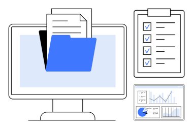 Masaüstü dosyaları gösteren dizin, kontrol işaretleri olan kontrol listesi ve gösterge paneli. Çalışma akışı, dosya organizasyonu, üretkenlik, iş, analiz, proje yönetimi için ideal basit iniş sayfası