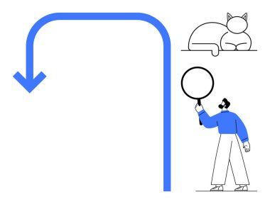 Büyüteçle inceleniyor, mavi ok aşağı eğiliyor, köşede dinlenen kedi. Arama kavramı, problem çözme, merak, analiz, keşif, basitlik basit iniş sayfası için ideal