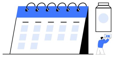 İşaretli günleri olan masaüstü takvimi, ekranda görev düzenleyen bir kişi ve bir süt kutusu simgesi. Zamanlama, planlama, üretkenlik, organizasyon, zaman yönetimi, minimalist kavramlar için ideal